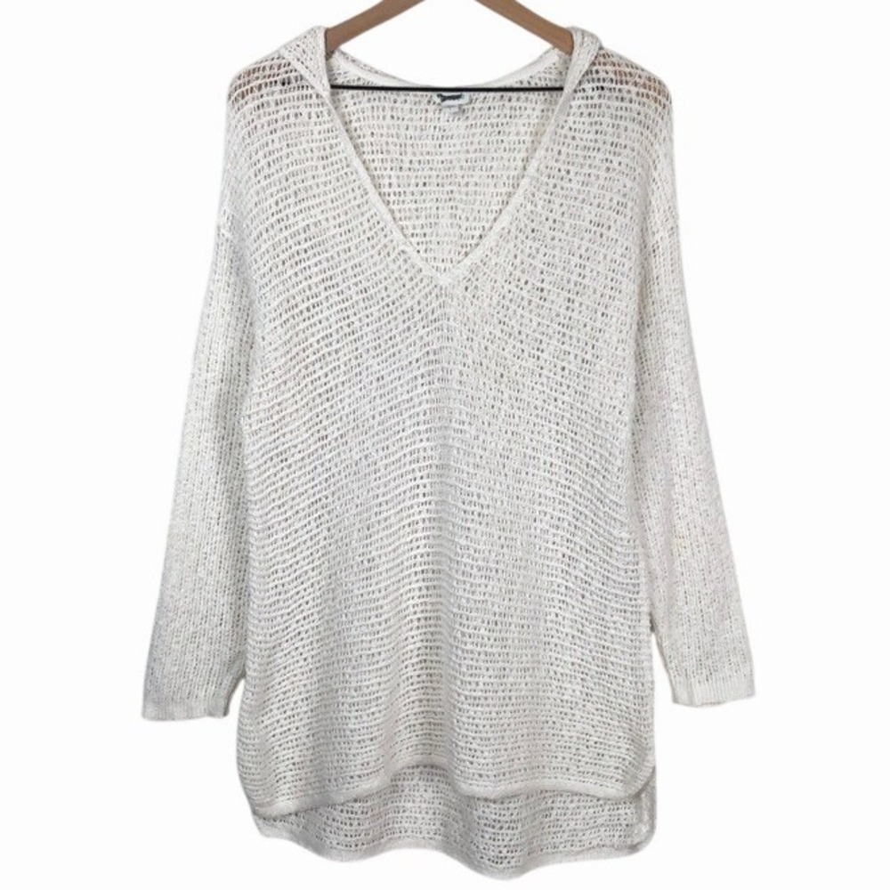 PURE JILL 100% Cotton Open Knit Hooded Tunic Sweater Sz L White Coastal Beachy - Picture 2 of 13